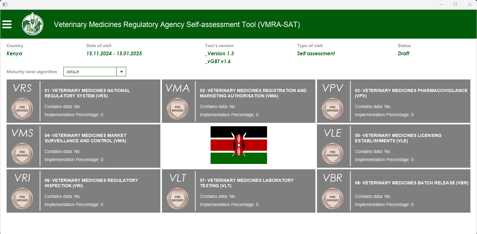 VMRA-SAT desktop homepage showing the eight regulatory functions.