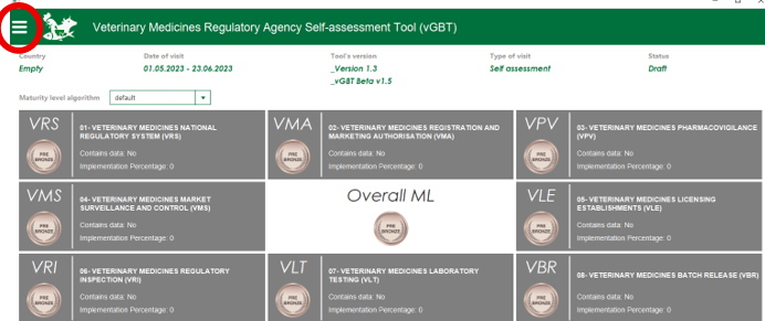 VMRA-SAT homepage with the three-line menu button highlighted.