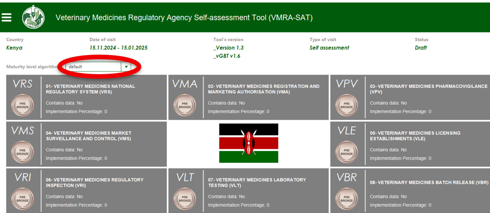 VMRA-SAT homepage with the maturity level algorithm selector highlighted.