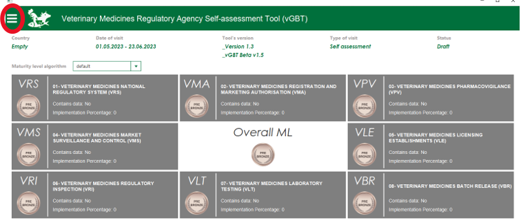 VMRA-SAT homepage with the three-line menu button highlighted for export.