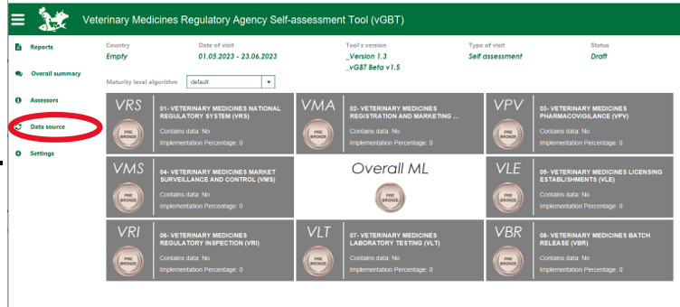 VMRA-SAT navigation menu with Data source highlighted for export.